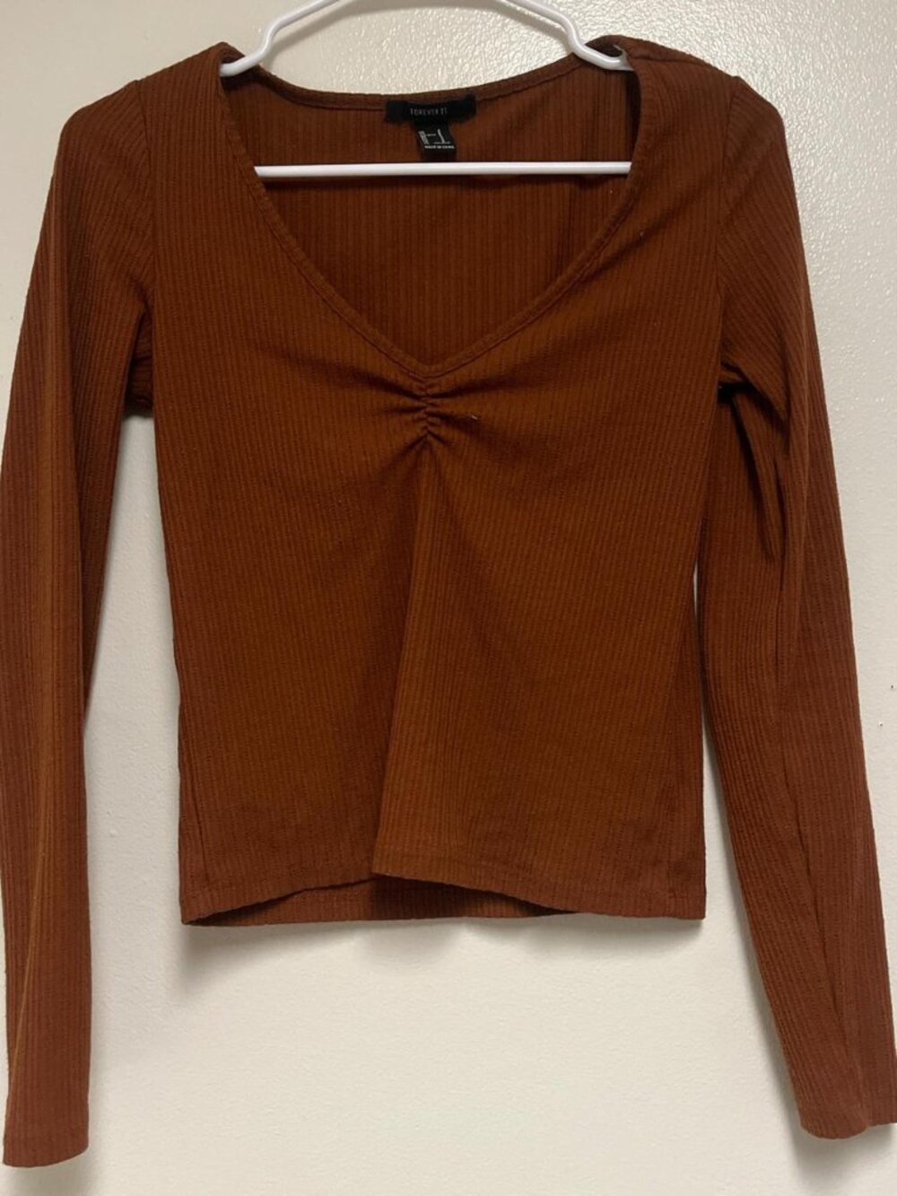 Forever 21 Brown Ruched Long Sleeve Crop Top Size S